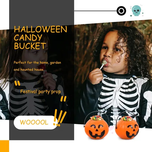 Miniatura 5 de Cubo de calabaza naranja de 6.7 pulgadas de plástico para dulces con asa para niños truco o trato fiesta de Halloween