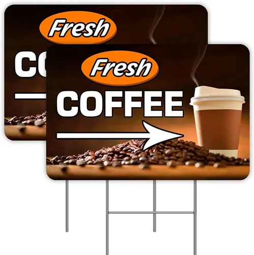 Paquete de 2 letreros de doble cara para patio de café fresco (flecha) de 16 x 24 pulgadas con estacas de metal (fabricado en los Estados Unidos)