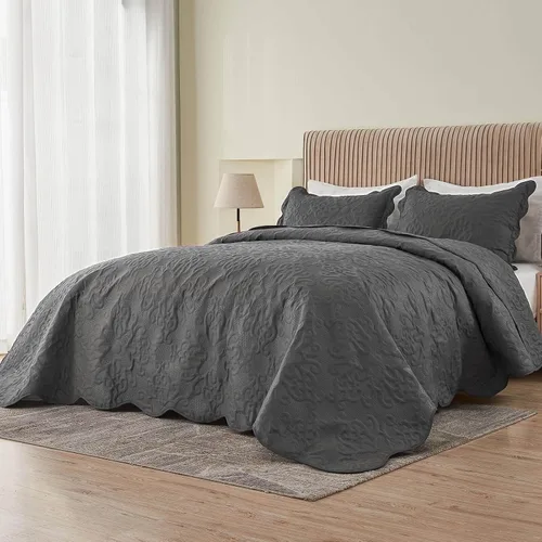 Miniatura 14 de Kingnex Juego de colcha tamaño King de 106 x 96 pulgadas, suave, ligera, acolchada, 3 piezas, 1 edredón y 2 fundas de almohada, color gris oscuro