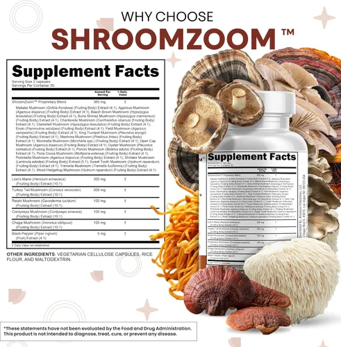 Miniatura 4 de Clean Nutraceuticals Suplemento de hongo 20 en 1 de melena de león con cola de pavo Reishi Cordyceps Chaga Maitake Meshima Poria Cocos Shiitake