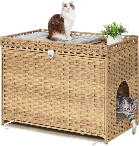 Miniatura 12 de Caja de arena para gatos con alfombrilla de arena suave; muebles ocultos de baño para gatos con puerta; casa de gato de ratán tejida a mano; jaula
