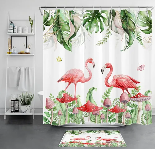 Miniatura 12 de Juego de cortinas de ducha de flamenco rosa, hoja verde salvia con hongo rojo, cortina de ducha para baño, cortina de ducha tropical de hoja