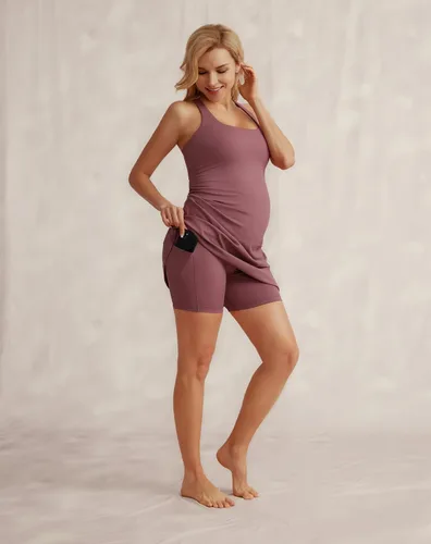 Miniatura 4 de Maacie Vestido de tenis de maternidad con pantalones cortos desmontables, sin mangas, vestido de entrenamiento acampanado, vestido de golf atlético