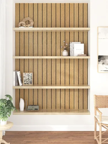 Miniatura 7 de Paneles de madera marrón para despegar y pegar, panel de listones de pared de madera sintética acústica con textura 3D, autoadhesivo, insonorizado