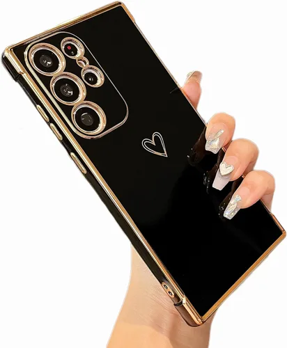 ZTOFERA Funda diseñada para Samsung Galaxy S22 Ultra 5G, bonito borde chapado con patrón de corazones de amor con protección para lente de cámara,