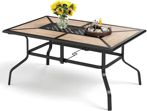 Miniatura 12 de PHI VILLA Mesa rectangular de comedor con listones de acero metálico para 6 personas con agujero ajustable para paraguas, resistente a la intemperie