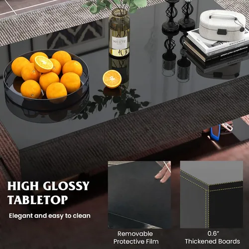 Miniatura 5 de Tangkula Mesa de centro LED con 2 cajones, mesa central moderna de alto brillo, luces LED regulables de 20 colores y control remoto, mesa auxiliar