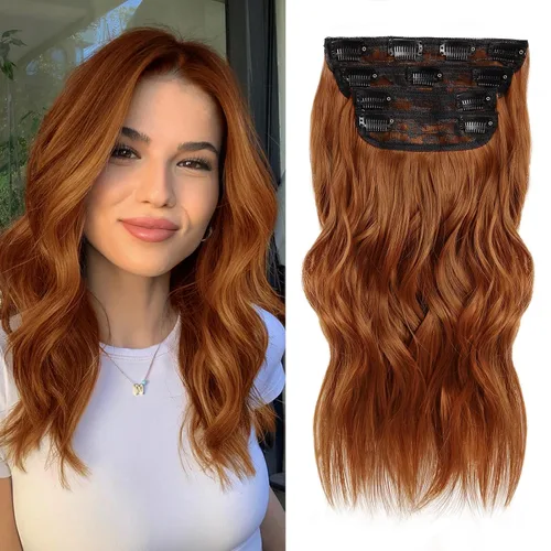 NAYOO 4 piezas Extensiones de cabello con pinza, ondas largas y rizadas, sintéticas, gruesas, con fibra de doble trama, para mujeres, color cobre