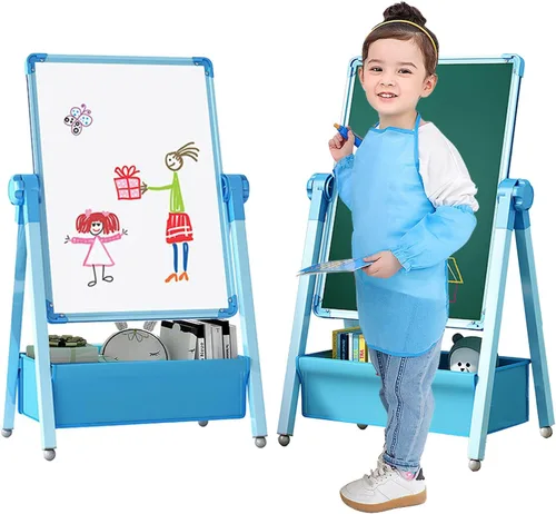 Miniatura 7 de Caballete de arte para niños, caballete de dibujo de doble cara para niños, pizarra blanca y pizarra negra, giratorio 360° ajustable (negro)