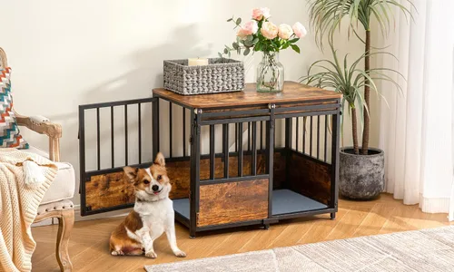 Miniatura 2 de KOOPRO Mueble de jaula para perros de 32 pulgadas con cojín para perros grandes y medianos, perrera de madera resistente con puertas dobles, jaula
