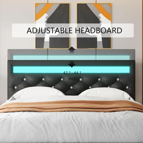 Miniatura 5 de TTVIEW Base de cama Queen con luces LED, marco de cama de plataforma de cuero con cabecera tapizada ajustable, luces LED de control de aplicación