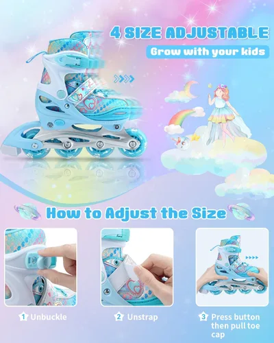 Miniatura 5 de Sportneer Patines en línea ajustables de 4 tamaños para niñas, patines en línea para niños, talla 12C-9 con ruedas iluminadas, patín