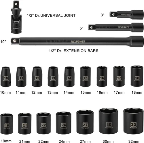 Miniatura 4 de MIXPOWER Juego de dados de impacto poco profundo de 1/2 pulgada, tamaño métrico, 0.394 in-1.260 in, CR-V Proyecto de reparación y mecánico de 6