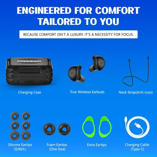 Miniatura 6 de PROHEAR EP03 - Auriculares Bluetooth de Protección Auditiva - OSHA 25dB NRR, Verdaderamente Inalámbricos, Resistente con 2 Micrófonos ENC