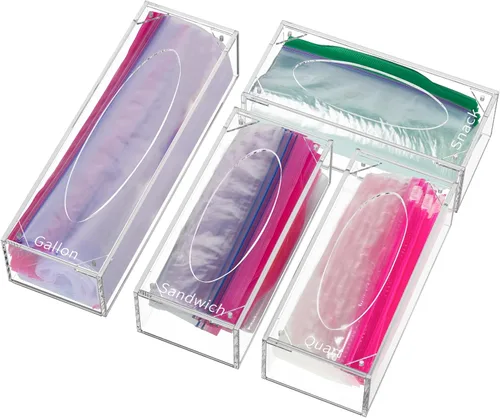 FEMELI Organizador de almacenamiento de bolsas de alimentos, caja de acrílico para cajones de cocina, compatible con un galón, cuarto deslizante,