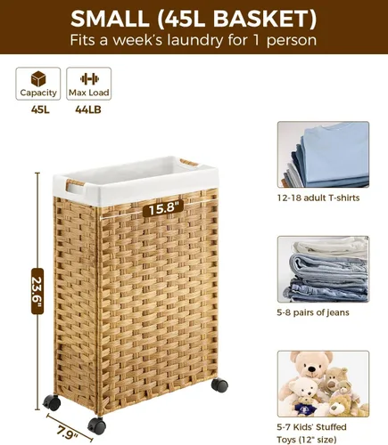 Miniatura 4 de GREENSTELL - Cesta de ropa con ruedas, 45 L (11.9 galones) Cesta pequeña de ropa con 2 bolsas extraíbles y 2 bolsas de malla, cesto de ratán delgado