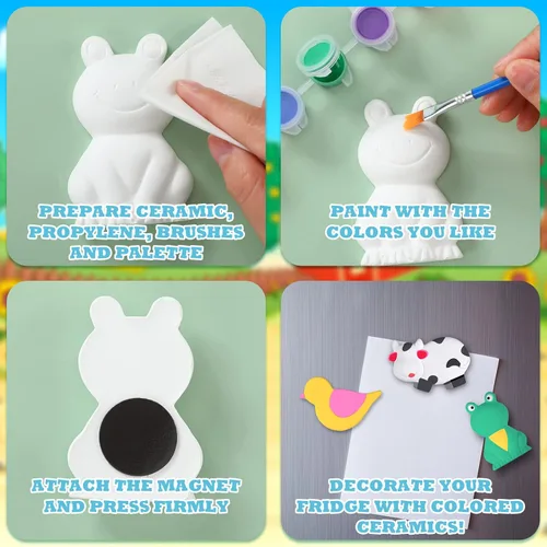 Miniatura 5 de Sinmoe 12 juegos de kit de arte y manualidades, kit de pintura de cerámica sin pintar DIY, pinta tus propias figuras con 12 imanes, 2 pinceles y 1