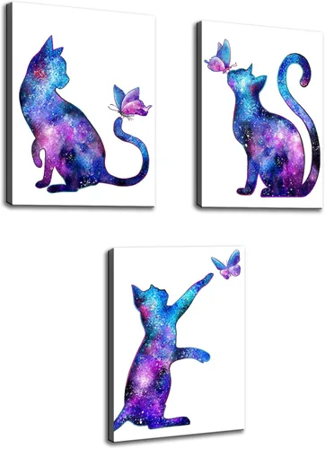 KLVOS Arte de pared de animales lindos para decoración de habitación de niños, diseño de mariposas moradas y gatos estrellados, impresiones en