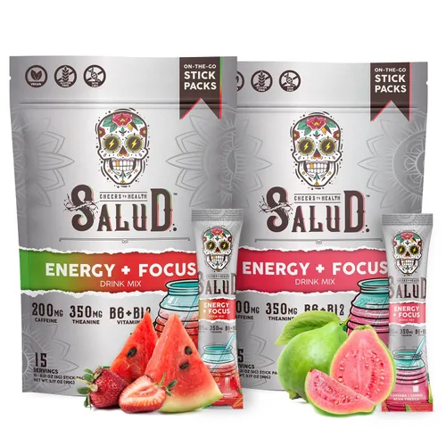 Salud - Paquete de 2 | 2 en 1 Energy + Focus (sandía fresa) y energía + enfoque (guayaba) – 15 porciones cada una, mezcla de bebida Agua Fresca, sin