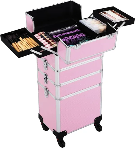 Topeakmart Estuche de maquillaje profesional 4 en 1, estuche de aluminio grande para cosméticos, estuche de maquillaje Tavel, organizador de belleza