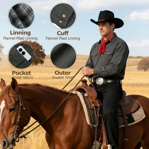 Miniatura 3 de Zando Chaqueta tipo camisa con forro de franela para hombre, ligera, con botones a presión, chaqueta vaquera de sarga occidental para hombre