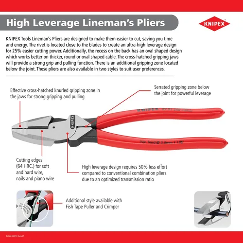 Miniatura 3 de KNIPEX Tools 09 08 240 US High Leverage Lineman's, New England Head, 1000V aislado