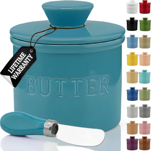 Miniatura 28 de PriorityChef - Mantequera con tapa con línea de agua, plato de mantequilla francesa de cerámica para dejar en la encimera, color caqui