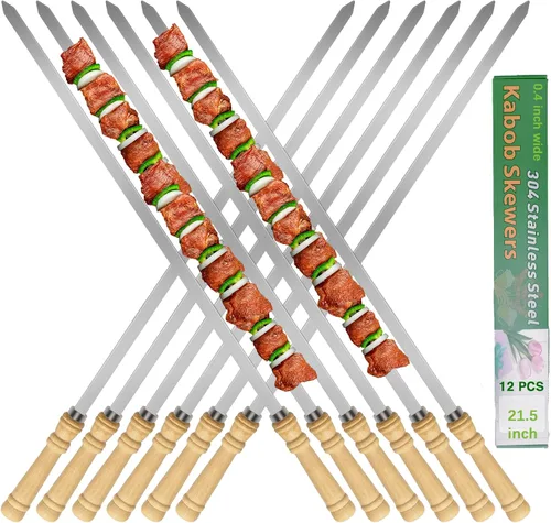 Brochetas planas de 21.5 pulgadas de largo para brochetas (12 unidades), brochetas de acero inoxidable 304 de 0.4 pulgadas de ancho para asar a la