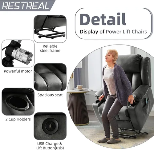 Miniatura 5 de Silla reclinable eléctrica para personas mayores, sillas reclinables eléctricas para adultos con masaje y calor, portavasos, control remoto, puertos