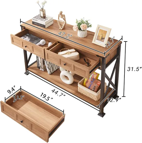 Miniatura 2 de HOMBAZAAR - Mesa de entrada rústica, mesa de consola con 2 cajones, mesas de consola industriales con almacenamiento para entrada, pasillo, sala