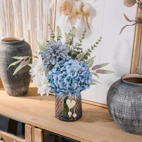 Miniatura 5 de LUEUR Flores falsas con jarrón, flores artificiales de hortensias en jarrón, arreglo de flores sintéticas adecuadas para el hogar, cocina, sala