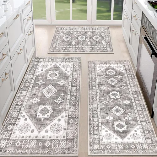 Miniatura 18 de HEBE - Juego de alfombras de cocina bohemias de 3 piezas con corredor, alfombras de cocina antideslizantes y tapetes lavables para piso de cocina