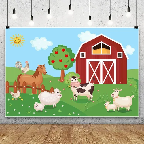 Miniatura 2 de Renaiss Fondo de animales de granja de 5 x 3 pies, diseño de dibujos animados, puerta de granero roja, granjero, granja, granja, fotografía, fondo
