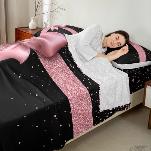 Miniatura 2 de Castle Fairy Juego de sábanas con lazo, juego de sábanas de diamante con purpurina para niños, juego de ropa de cama rosa y negro para niños