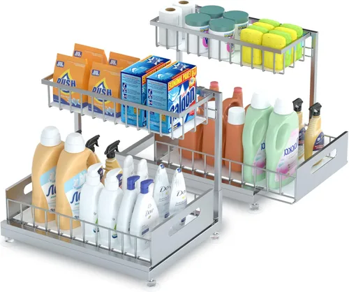 Miniatura 17 de Saydear Organizador de almacenamiento para debajo del fregadero, organizador de armario de cocina extraíble de 2 niveles con cajón deslizante, Negro