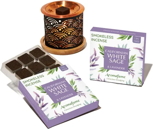 Aromafume - Ladrillos de incienso de salvia blanca y lavanda con quemador exótico arcoíris | Ladrillos de 2 x 9 | Incienso de salvia para limpiar
