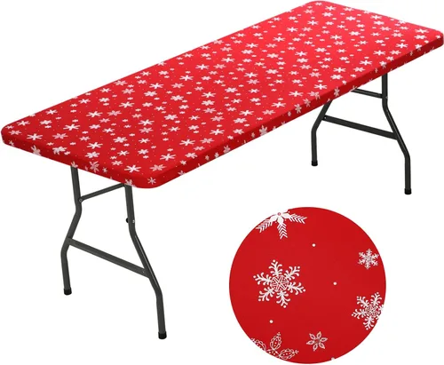 Miniatura 9 de Mixweer 1 Pza Mantel de Copo de Nieve Borde Elástico Ajuste Ceñido Rectangular Cubierta de Mesa Plegable 6 Pies, 30 x 72'' Tela de Poliéster