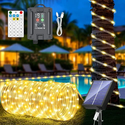 Miniatura 11 de Nuevas luces de cuerda solares mejoradas para exteriores, impermeables, 32m, 300 LED, luces de tira solares con control remoto, temporizador