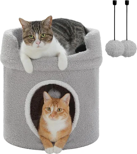 Miniatura 10 de PETEPELA Camas para gatos de 2 niveles para gatos de interior, casa de árbol para gatos con cama de flores extraíble, lindo escondite de gatos