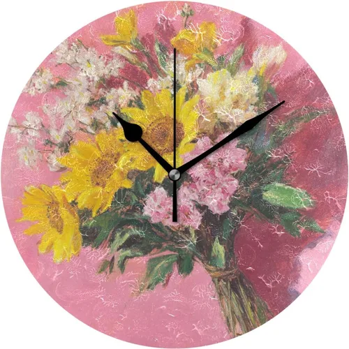 Retro Flowers with Pink Oil Painting Feel 10 Inch Round Wall Mount Clock Silent Unique for Farmhouse Living Room Living Room reloj de pared para