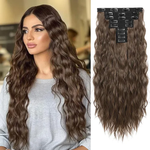 Miniatura 11 de REECHO Extensiones de cabello con clip, 5 piezas, de 24 pulgadas, de color rubio ceniza, extensiones de cabello con ondas largas y sueltas, HE002