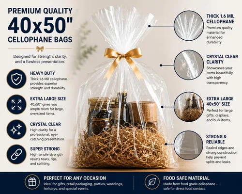 Miniatura 3 de Bolsas de celofán transparente de 40 x 50 pulgadas para cestas de regalo, paquete de 5 bolsas extragrandes resistentes para celofán, bolsas