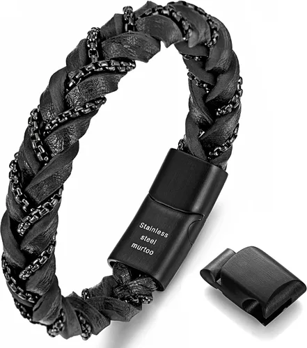 murtoo Pulseras "Grilletes de la Libertad" para hombre, pulseras de cuero trenzado para hombre con cadenas de acero y cierre magnético, regalo