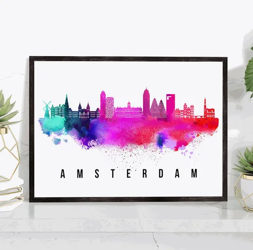 Póster de Amsterdam Skyline Netherlands, pintura de paisaje urbano e impresión de monumentos, decoración para el hogar, oficina, 12 x 18 pulgadas