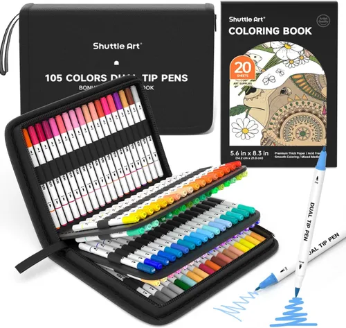 Shuttle Art - Rotuladores de doble punta Shuttle Art, juego de 105 colores con punta fina y de pincel en estuche portátil con 1 libro para colorear