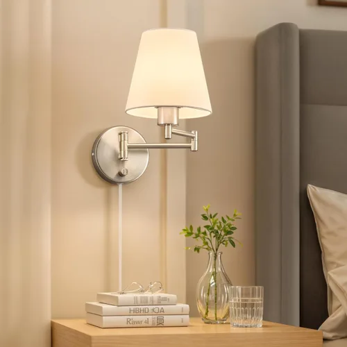 Miniatura 2 de VONLUCE Lámpara de pared con brazo oscilante ajustable moderna de níquel cepillado, iluminación de aplique de pared enchufable para mesita de noche