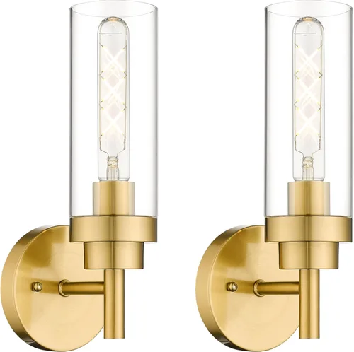 Emak Apliques Dorados Cepillados Decoración de Pared Juego de 2, Luminarias Modernas para Baño Aplique de Pared con Pantalla de Vidrio Transparente