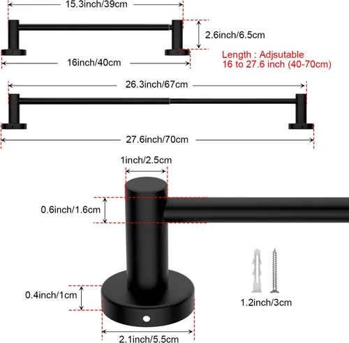 Miniatura 2 de Toallero de baño ajustable negro mate de 16 a 27.6 pulgadas, toallero individual de acero inoxidable 304, soporte para toallas montado en la pared