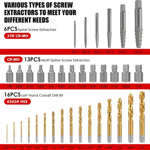 Miniatura 2 de Juego de 35 piezas de extractor de tornillos, broca de mano izquierda inversa de Cr-Mo 37# y 6542#, kit de extracción de tornillo Allen de múltiples