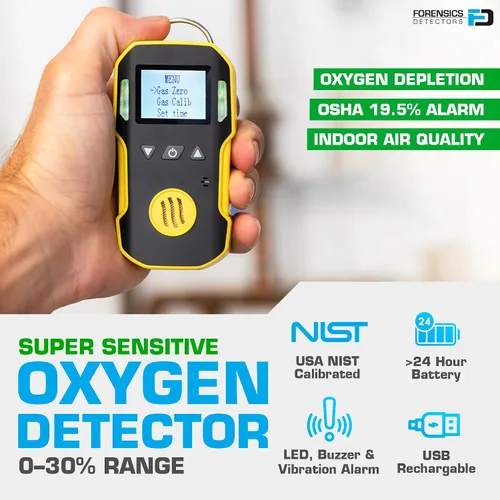 Miniatura 2 de Detector de oxígeno de Forensics Calibración y certificado NIST de EE. UU. A prueba de polvo y explosiones Recarga USB Alarmas de sonido